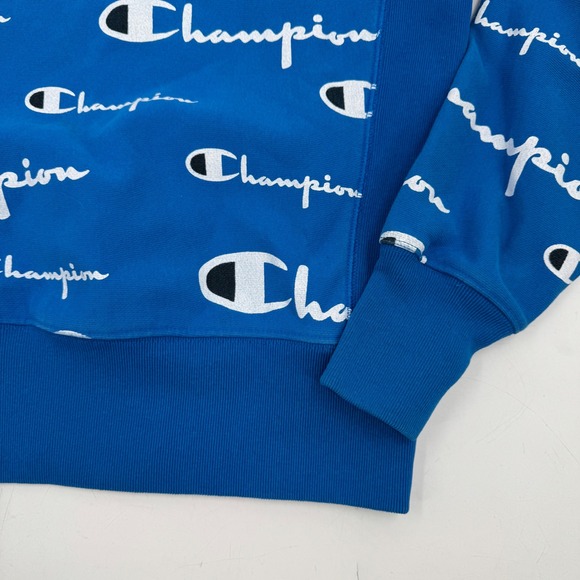 Champion Reverse Weave All Over Print Logo Crewneck Sweatshirt Blue Mens Small - Picture 4 of 9